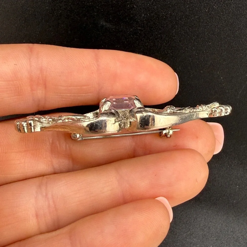 Vintage Scottish Luckenbooth Brooch Rhinestone Thistle Celtic Silver Tone
